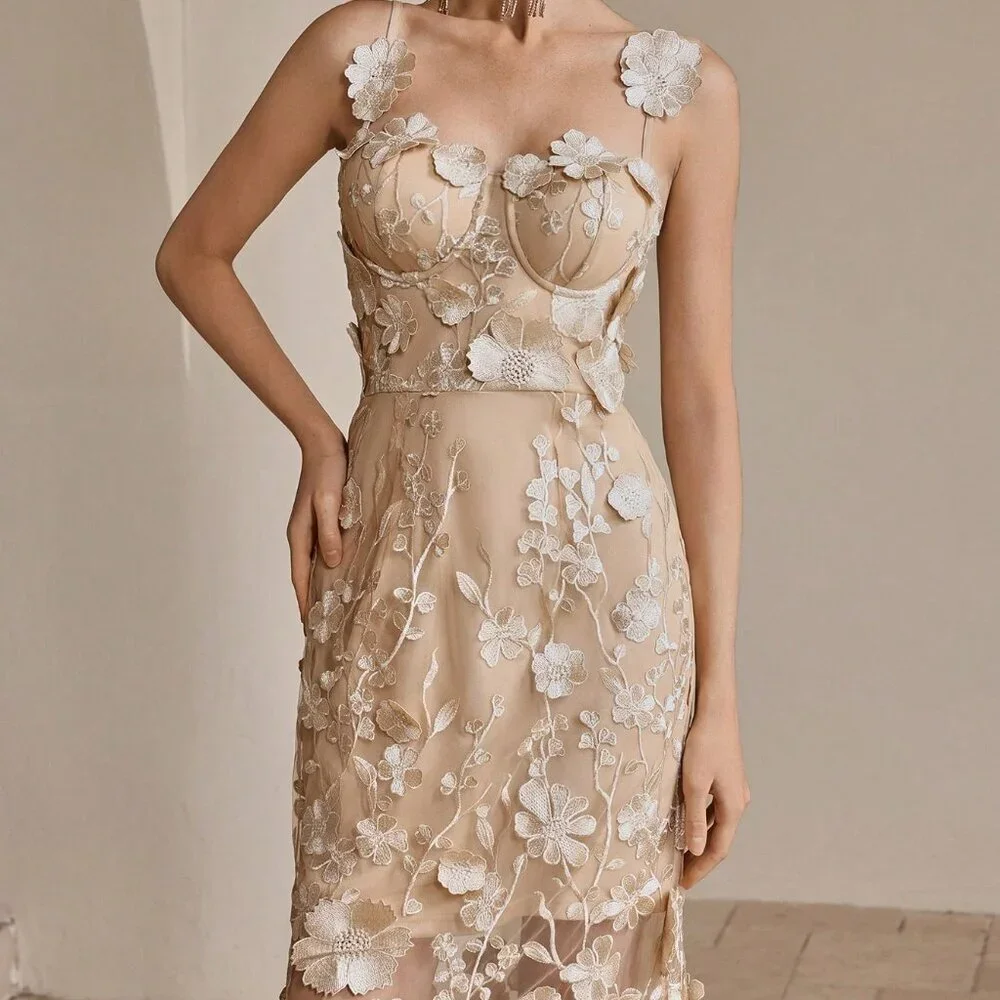 Champagne Elegant Women's French Luxury Floral Embroidery Mesh Camisole Dress